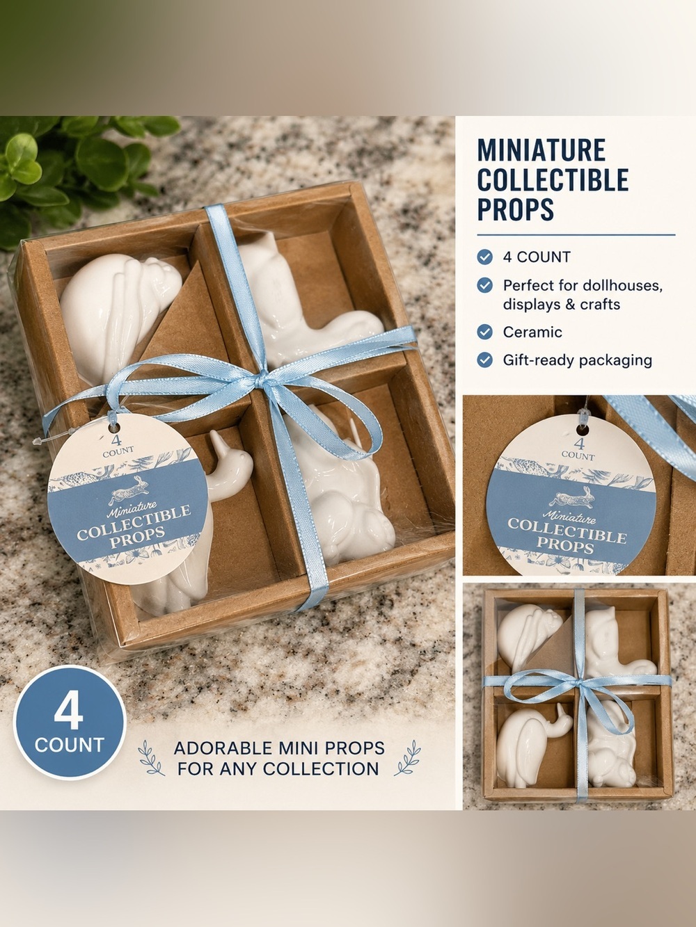 Miniature Collectible Props Ceramic Figurine Set - White with Blue Ribbon
